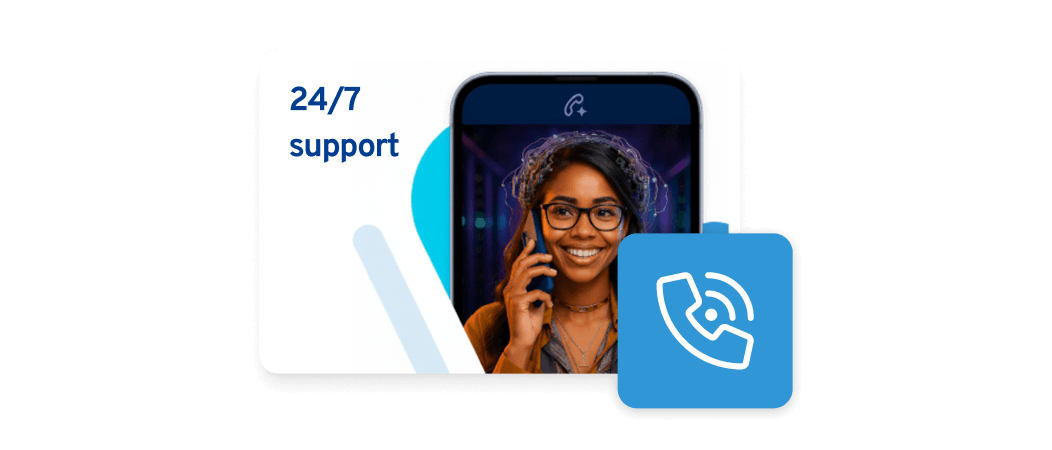 Support agent on phone representing round-the-clock customer support.