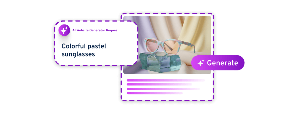 AI website generator creating a product page for colorful pastel sunglasses with a “Generate” action.