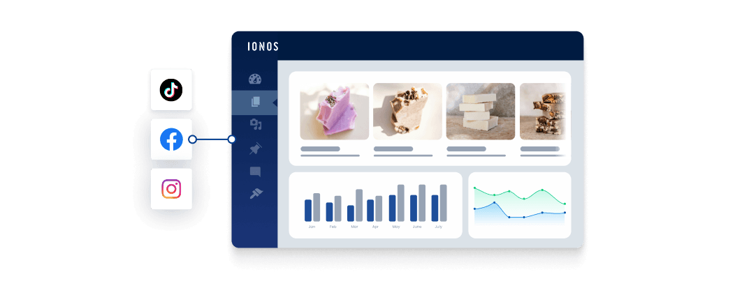 E-commerce dashboard interface showing product listings and sales analytics, connected to social media platforms like TikTok, Facebook, and Instagram for marketing and performance tracking.