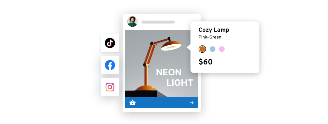 Mobile e-commerce product card featuring a modern desk lamp with price, color options, and add-to-cart button, alongside social media icons for TikTok, Facebook, and Instagram.