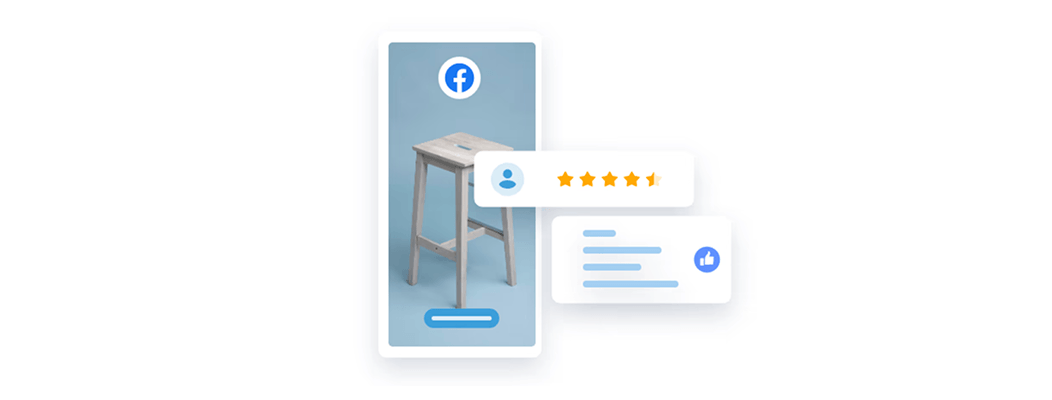 Mobile product display showing a wooden stool featured on Facebook, with user rating stars and a customer review panel indicating positive feedback.