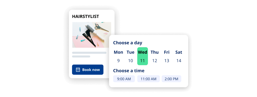 Online booking interface for a hairstylist, showing a service card with a “Book now” button and a scheduling panel to select a day and available appointment times.