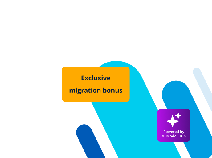 Stylized IONOS logo with badges "Exclusive migration bonus" and "Powered by Momentum AI"