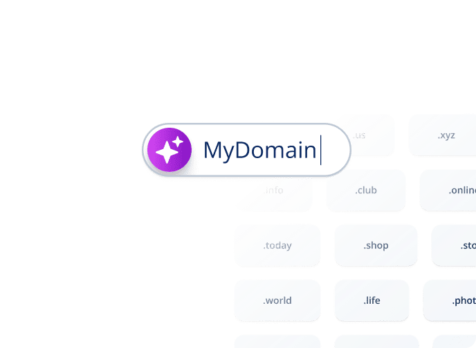 Domain search field with “MyDomain” and multiple domain extension options in the background.