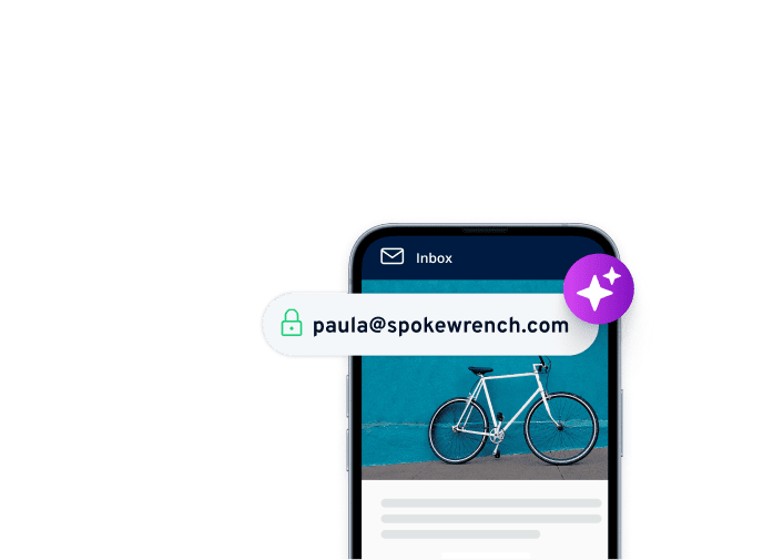 Smartphone inbox showing [paula@spokewrench.com](mailto:paula@spokewrench.com) email with a bicycle image.