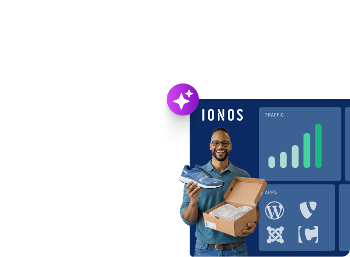 Man holding a sneaker and shoe box in front of an IONOS hosting dashboard with traffic and app icons.