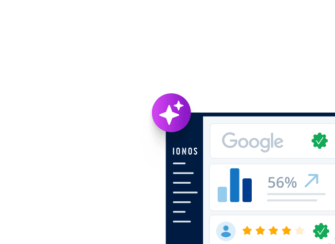 Marketing dashboard showing Google listing, analytics chart, and customer rating.