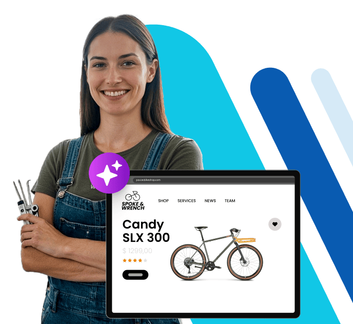 Woman standing next to a website preview showing an online bike shop product page.