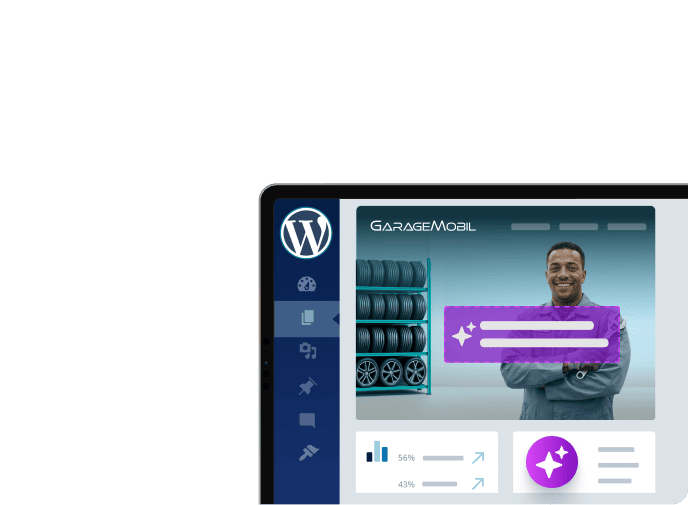 WordPress website editor with a business website preview and content editing tools.