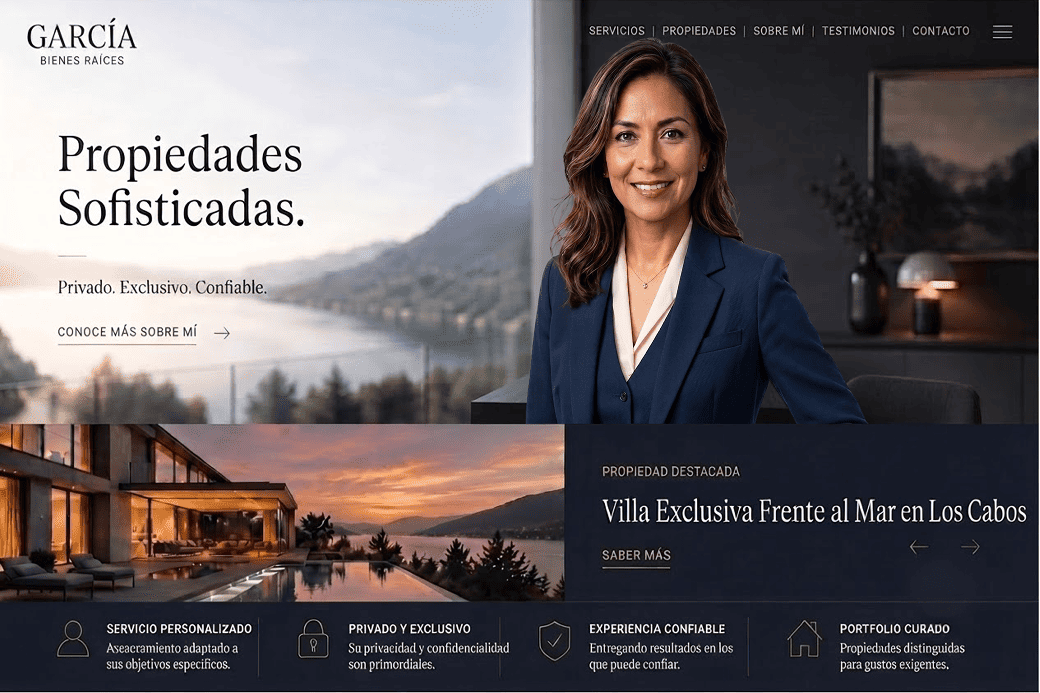 Frau in Anzug vor Bergpanorama, Werbung für Immobilien in Los Cabos.
