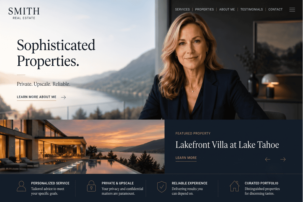 Frau in Anzug vor Bergpanorama mit Text "Sophisticated Properties" und "Lakefront Villa at Lake Tahoe".