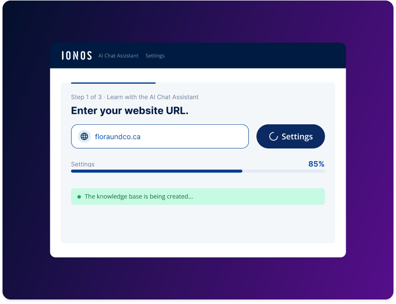 IONOS AI Chat Assistant interface showing website URL input field, settings button, and progress bar indicating 85% completion.