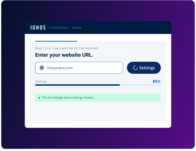 IONOS AI Chat Assistant interface showing website URL input field, settings button, and progress bar indicating 85% completion.
