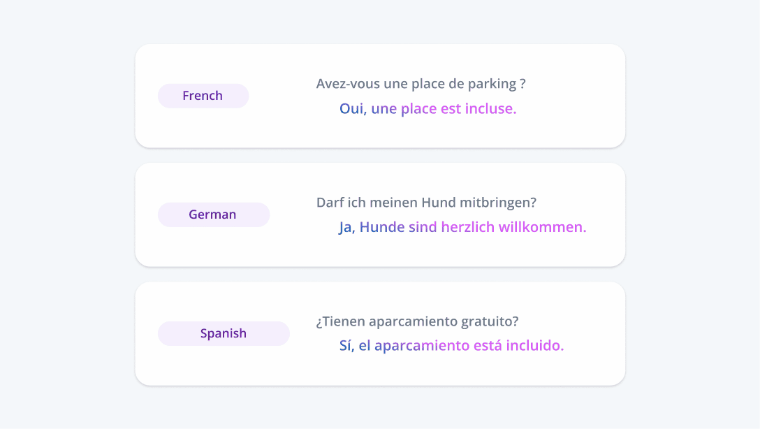 Bild zeigt drei Beispiele für Fragen und Antworten in Französisch, Deutsch und Spanisch bezüglich Parkplatz und Haustieren.
