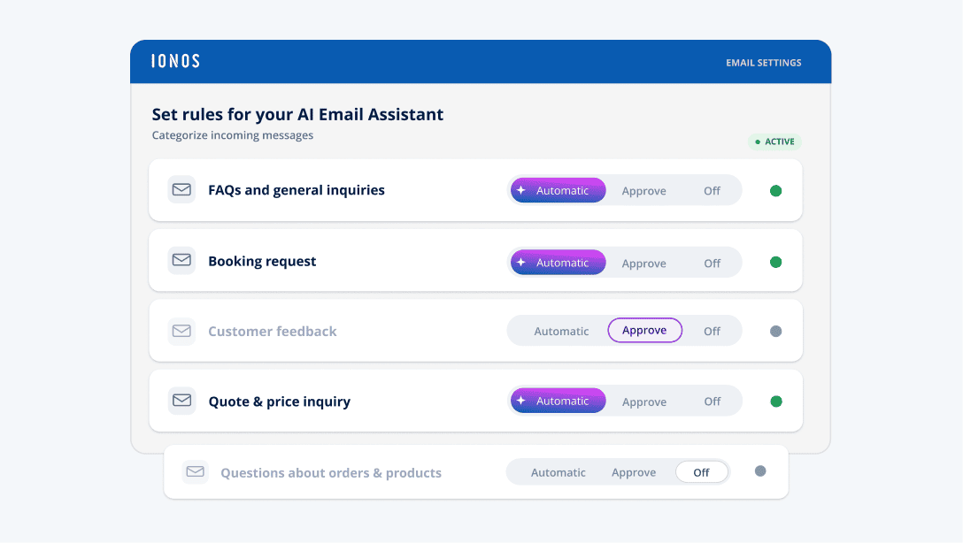 Einstellungen für den KI-E-Mail-Assistenten, Kategorien und Aktionen für eingehende Nachrichten.