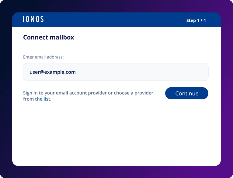 Ionos Bildschirm zum Verbinden eines Postfachs. E-Mail-Adresse eingeben und Anbieter auswählen.