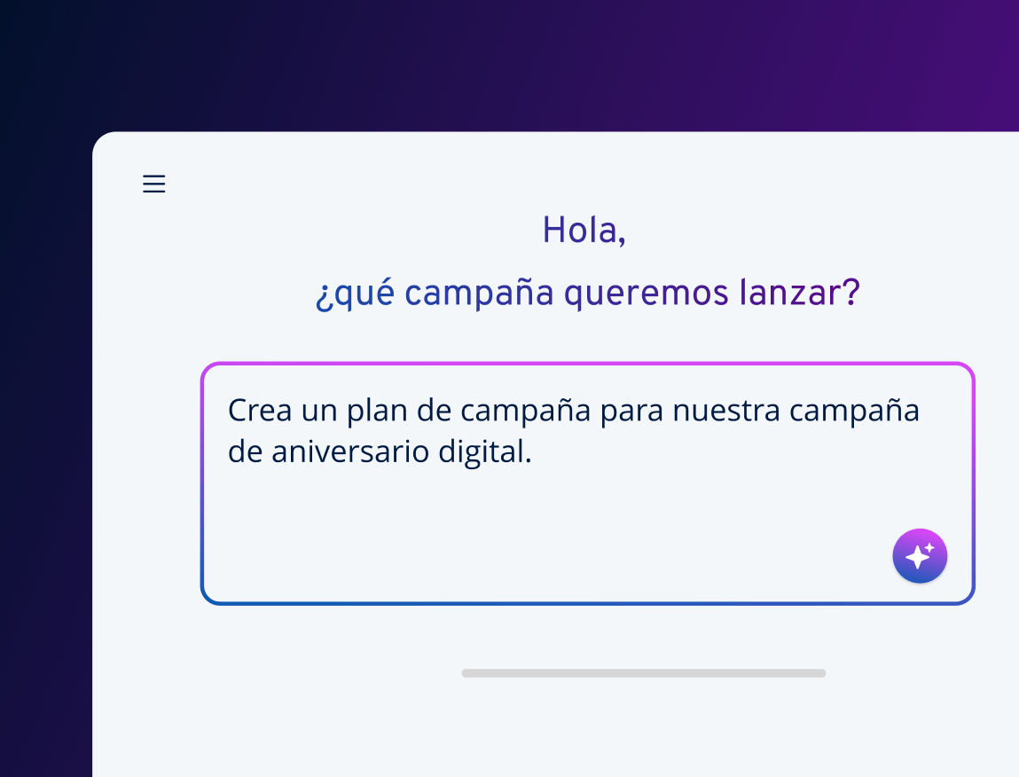Bildschirm mit der Frage "Hola, ¿qué campaña queremos lanzar?" und dem Vorschlag, einen Plan für eine digitale Jubiläumskampagne zu erstellen.