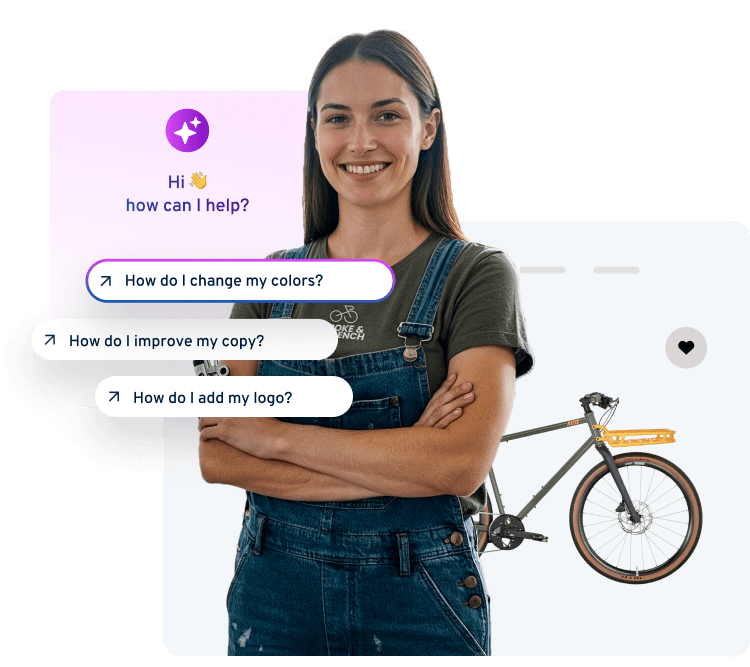 Frau mit Fahrrad und Chatbot für Fragen zur Farbänderung.
