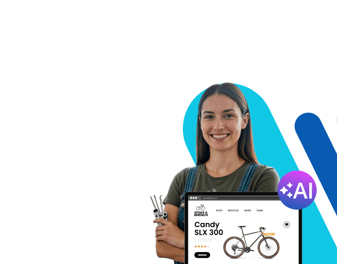 Frau lächelt und hält ein Tablet mit einem Fahrrad auf dem Bildschirm.