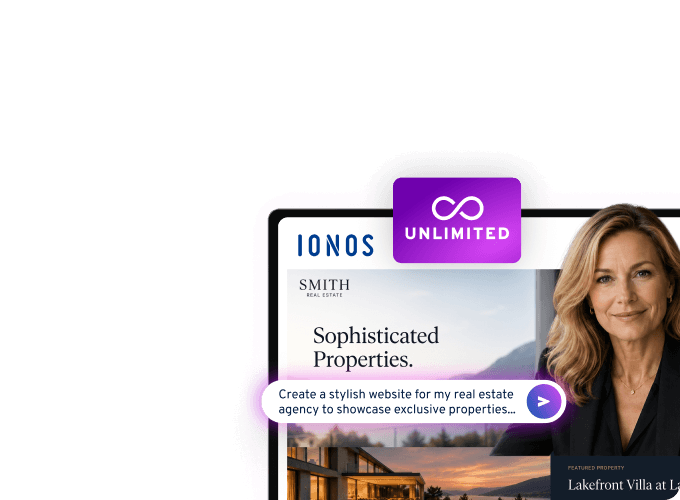 A woman smiling with a background of a house and mountains. Text reads "Sophisticated Properties" and "Create a stylish website for my real estate agency to showcase exclusive properties.