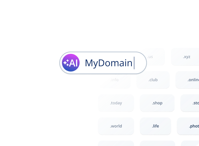 MyDomain AI logo with various domain extensions.