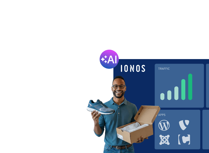 Man holding a shoe box with shoes, smiling, with a graphic showing website traffic and apps in the background.