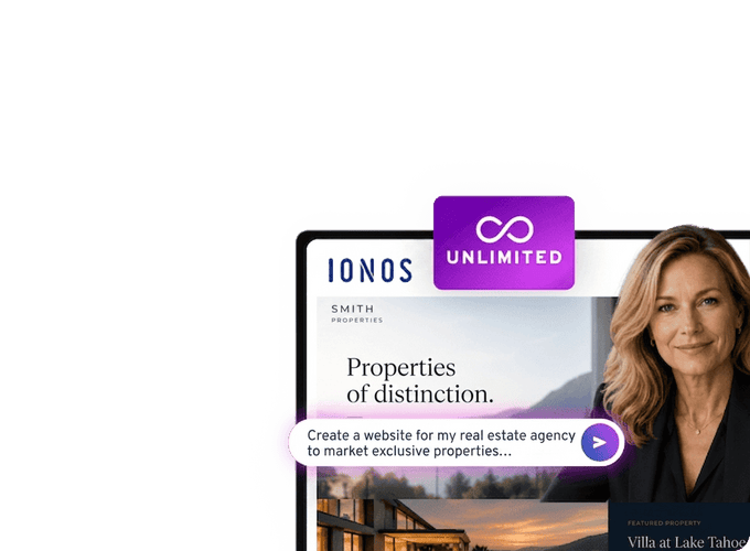 Website for a real estate agency, featuring a property and an agent, with a call to action to create a website.