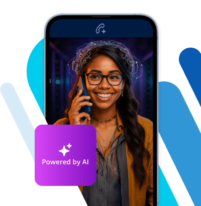 Woman with headset on phone, shown on smartphone screen with 'Powered by AI' overlay