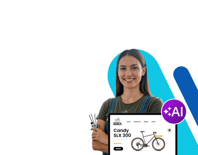 Woman smiling and holding a tablet displaying a product website with an AI badge