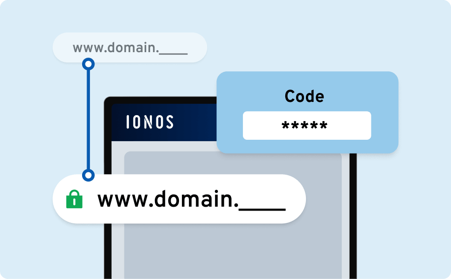 Domain mit HTTPS-Symbol und Code-Eingabe in der IONOS-Oberfläche: steht für Verifizierung und sichere Einrichtung einer Domain.