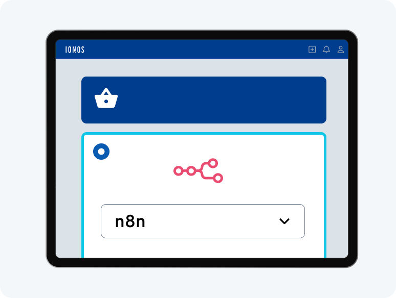A tablet screen showing a blue header with a white crown icon and a search bar with the text "n8n" and a red, squiggly logo above it.