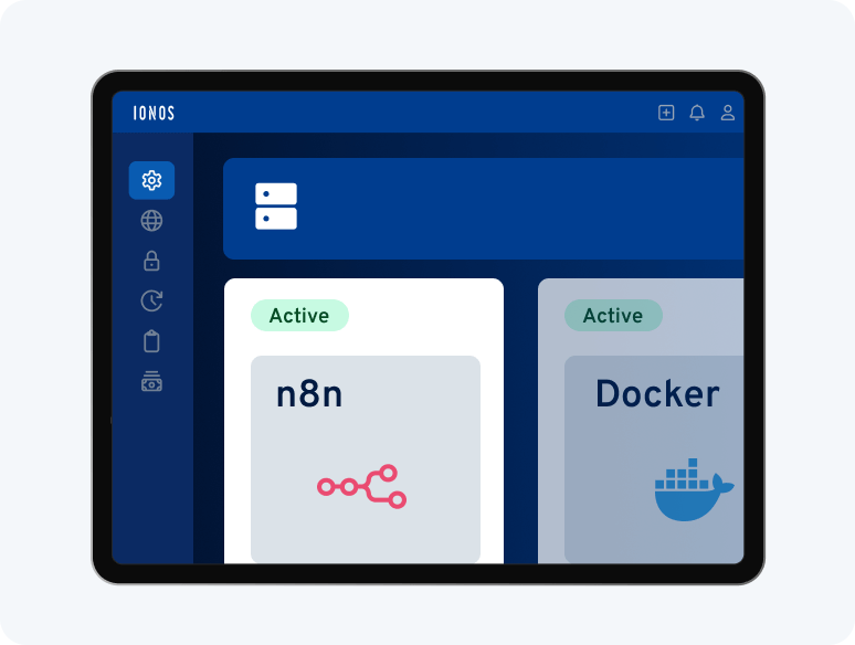 Tablet with IONOS Cloud Panel, active n8n and Docker instances, and side navigation bar.