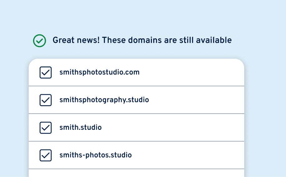 Domain availability results showing four available photography domains with checkboxes and a success message.