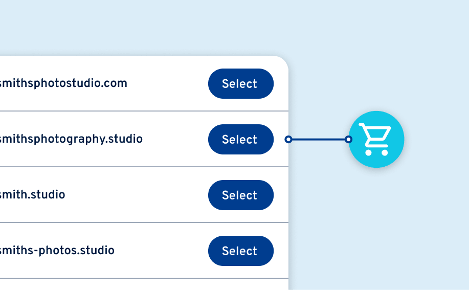 Domain selection list with Select buttons and a shopping cart icon for adding domains to cart.
