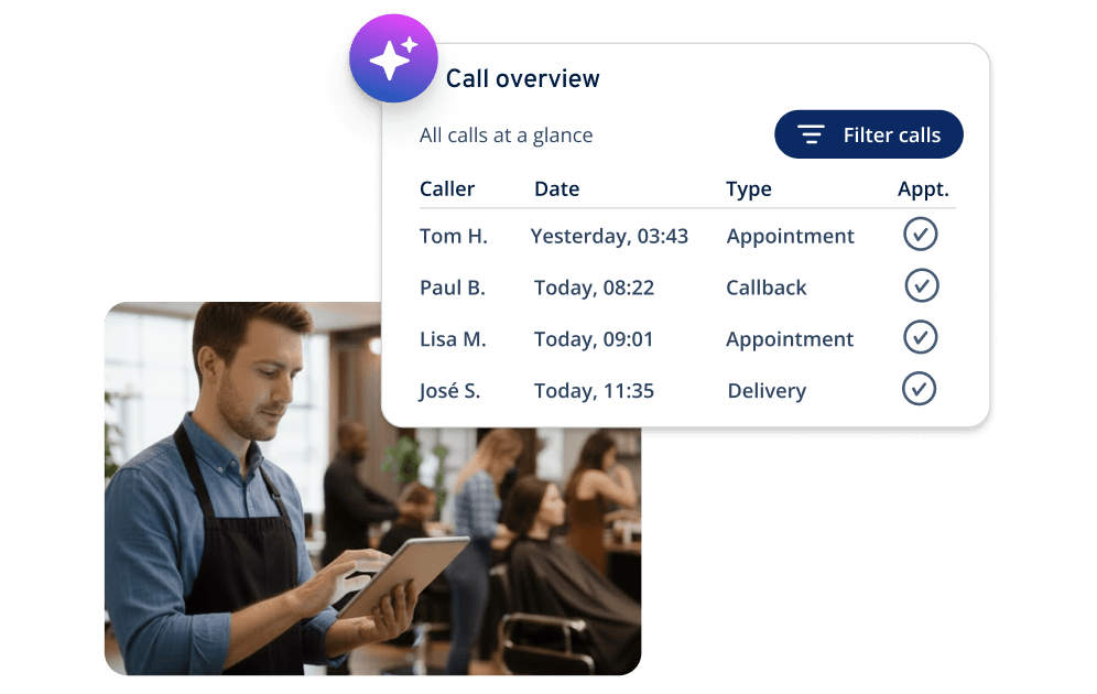 Hair salon owner reviews IONOS AI Receptionist call overview: appointments, callbacks and deliveries.