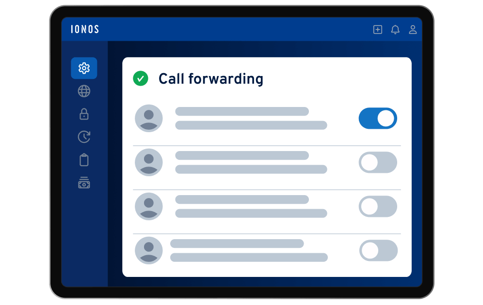IONOS Control Center: call forwarding settings for the AI Receptionist with one contact enabled.