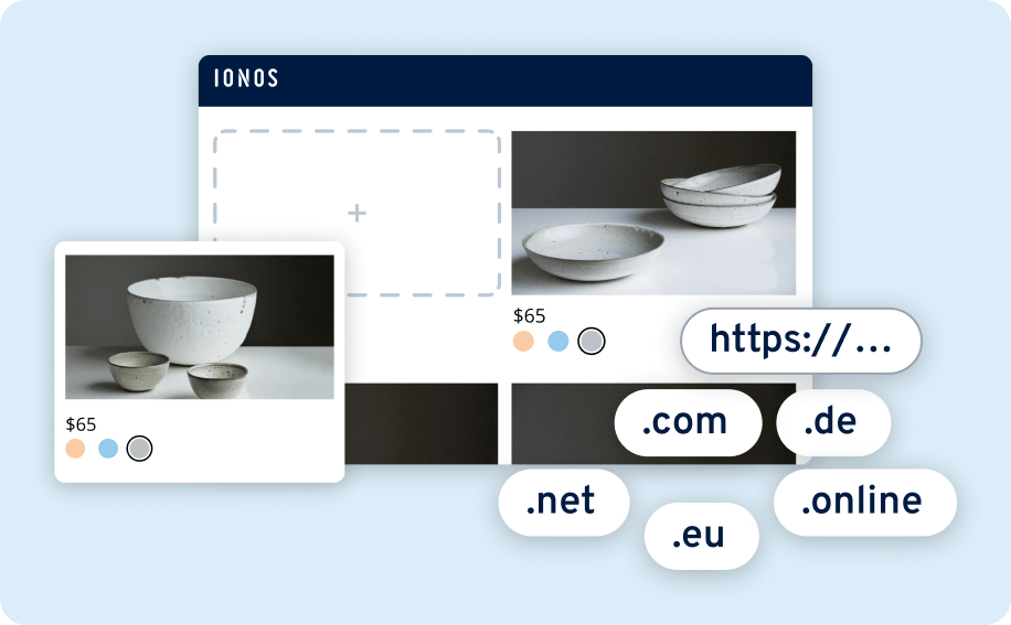 E-commerce website editor displaying ceramic products with pricing and color options, alongside domain selection options such as .com, .net, .de, .eu, and .online.