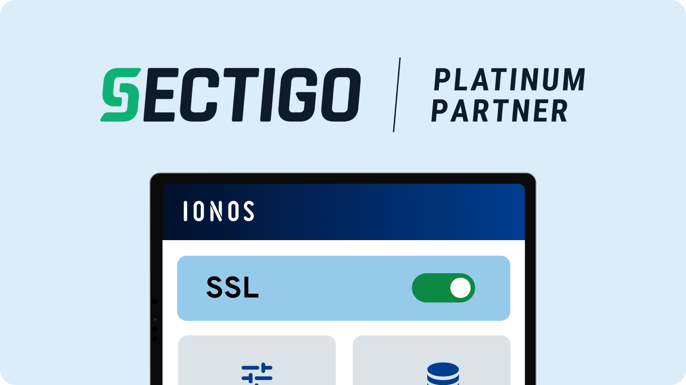 Sectigo Platinum Partner logo above an IONOS interface with an activated SSL toggle.