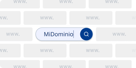 Ilustración de una búsqueda de dominio con el término "MiDominio" escrito en un campo de búsqueda, rodeado de mosaicos estilizados con "www." sobre fondo claro.