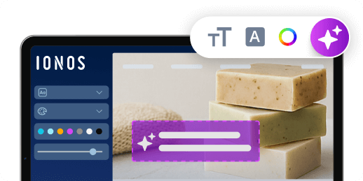 Editor de sitios web de IONOS en una tableta con opciones de diseño y una barra de entrada de IA en morado.