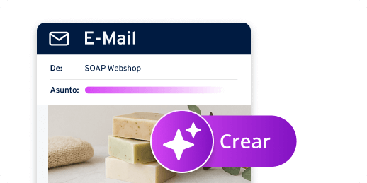 Ventana de creación de correo electrónico con remitente "SOAP Webshop" y botón morado "Crear" con icono de IA.