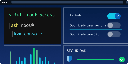 Panel de administración de servidor con comandos de terminal, opciones de rendimiento y barra de estado de seguridad.