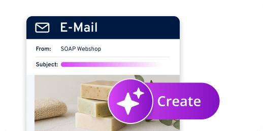 Email layout with subject line and “Create” button over a product image.