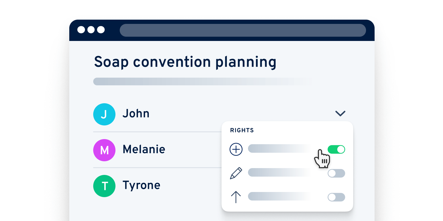 An attendance list with names and toggles for a Soap Convention