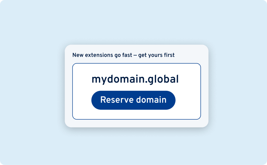 Domain reservation card for mydomain.global with a Reserve domain button.