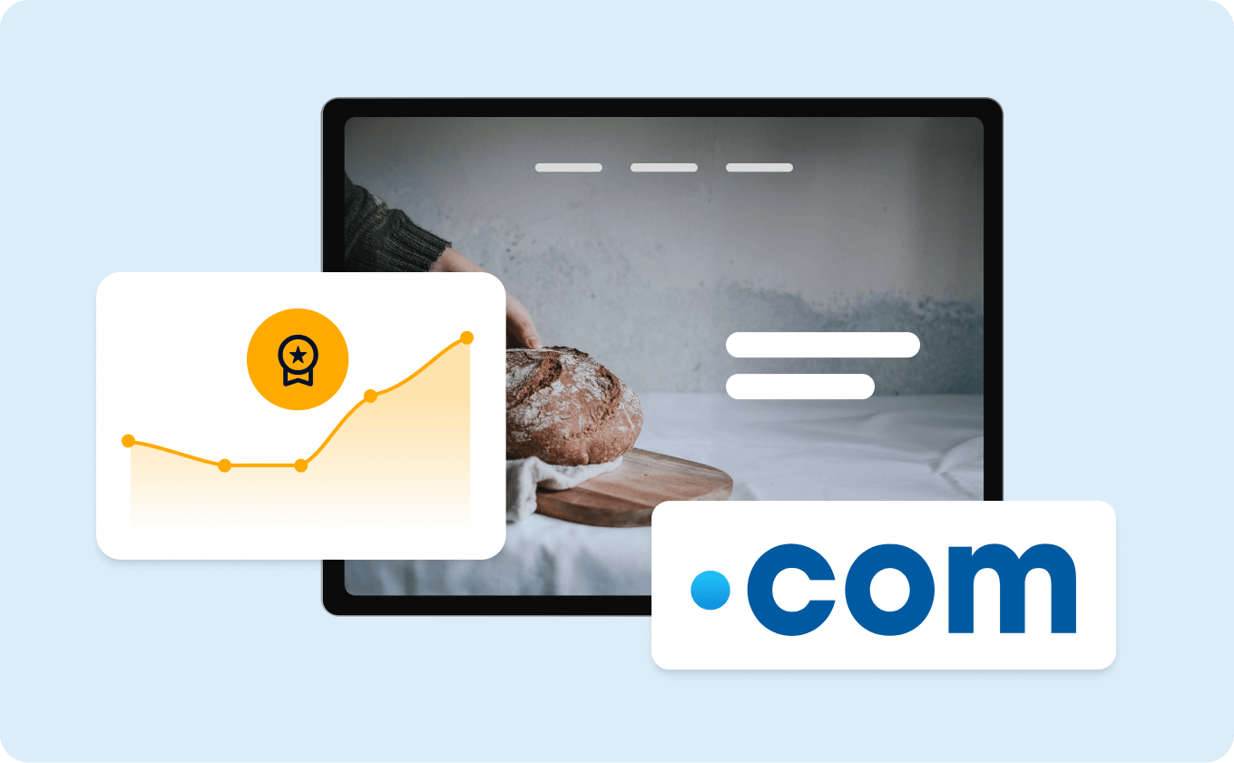 Website with rising curve and .com label representing better visibility and strong brand impact. 