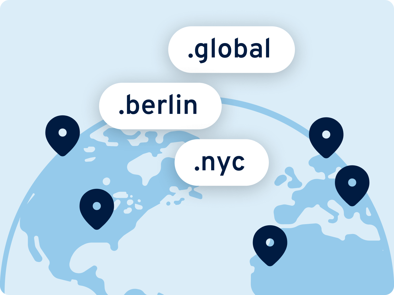 Weltkarte mit Markierungen und Domain-Endungen wie .global, .berlin und .nyc: steht für internationale und lokale Ausrichtung von Websites.