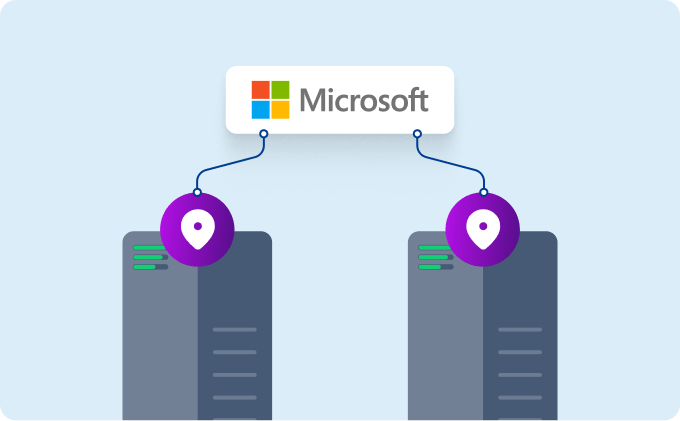 Microsoft-Architektur mit zwei verbundenen Serverstandorten und Standort-Markern: steht für geo-redundante Infrastruktur, BGP-Routing und hohe Verfügbarkeit.